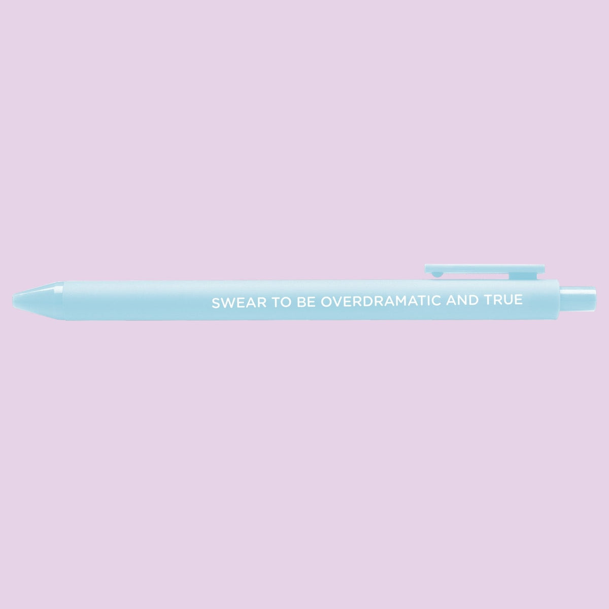 Swear to be overdramatic and true pen detail — embossed lettering on a powder blue barrel by indie artist MangoIllustrated