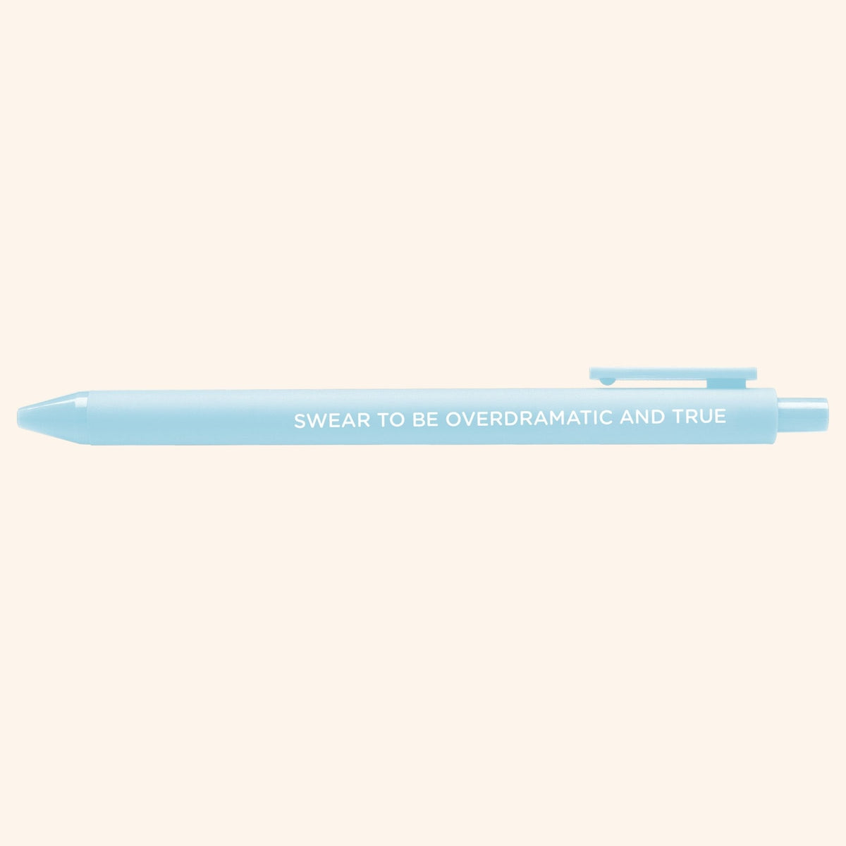 Swear to be overdramatic and true pen close-up — bright blue gel ink fine point by indie artist MangoIllustrated