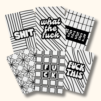 Six uncolored mini coloring pages with bold abstract designs. Each page has a different quote in decorative font. "Shit". "What the fuck". "Mother fucker". "Fuck this". "Fuck".