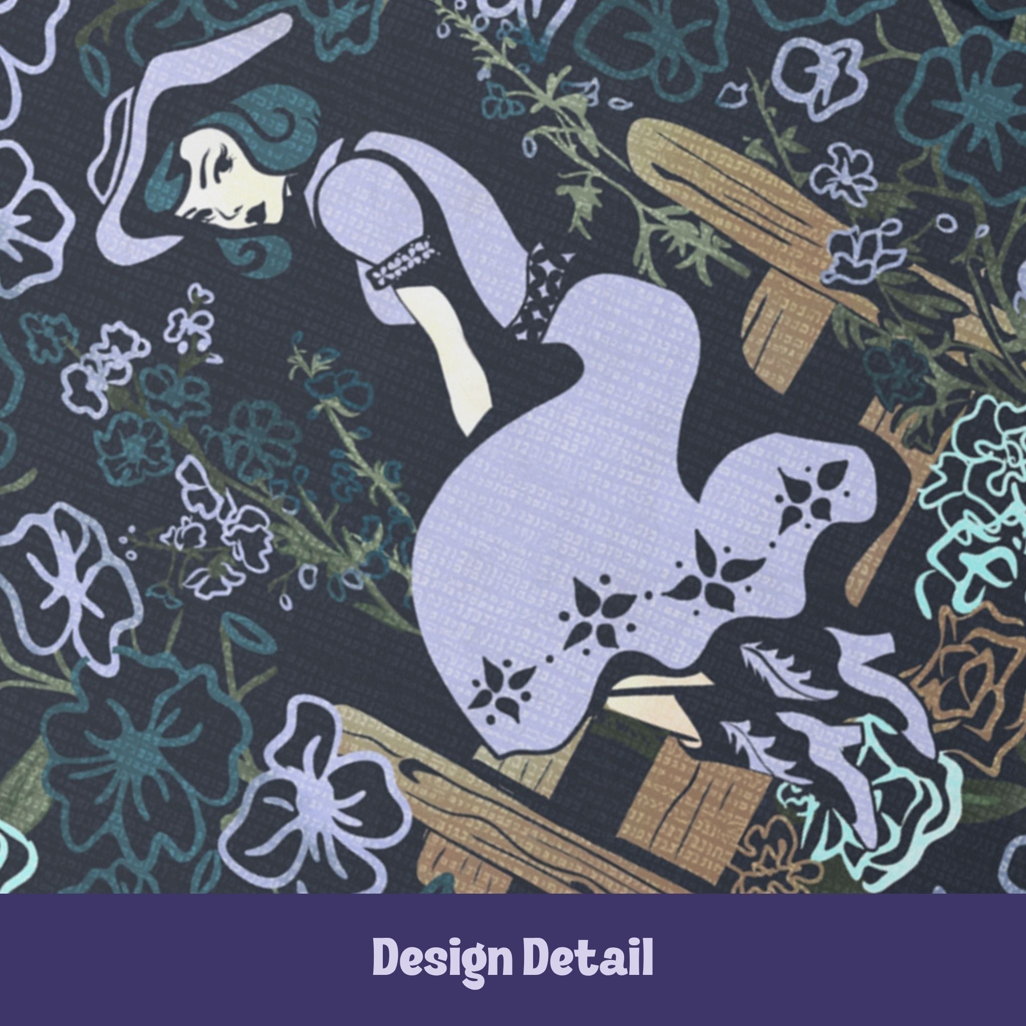 Close-up detail of retro cowgirl pinup illustration in soft lilac on back cover of dark floral journal, woman in cowboy hat and boots seated on wooden fence surrounded by gothic botanicals