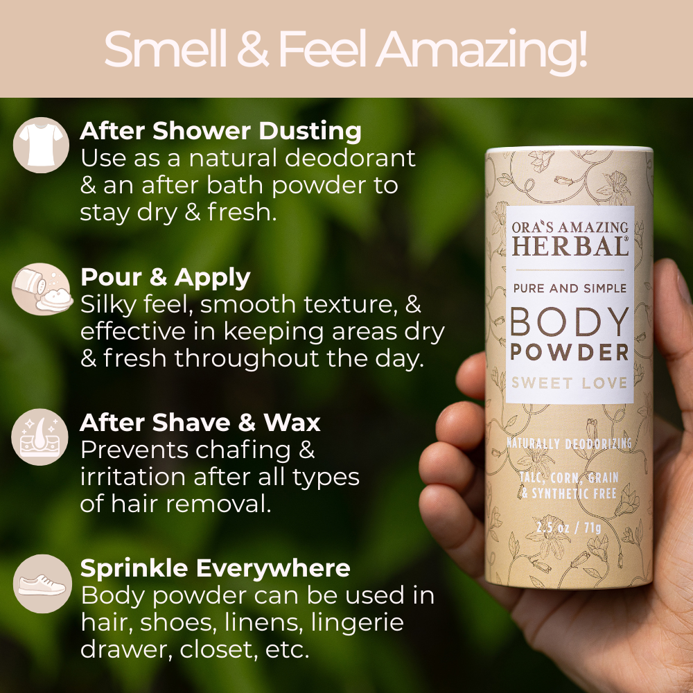 Sweet love body powder size 2.5 oz with usage instructions and icons on a green leafy background.