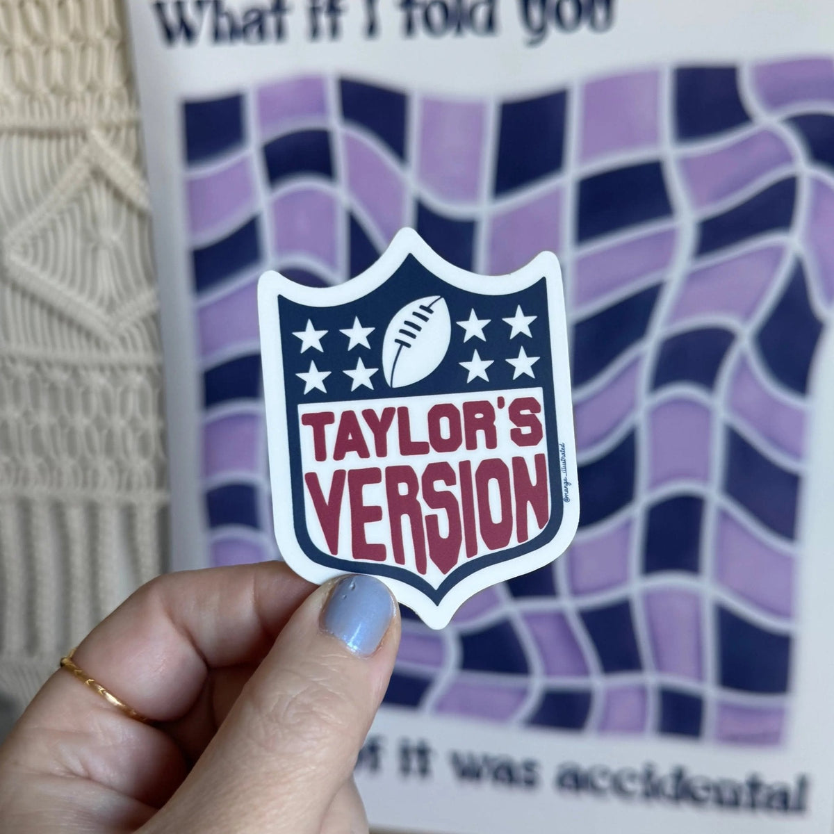 (Tay’s Version) of football sticker flat lay — hand lettered football vinyl decal by indie artist MangoIllustrated