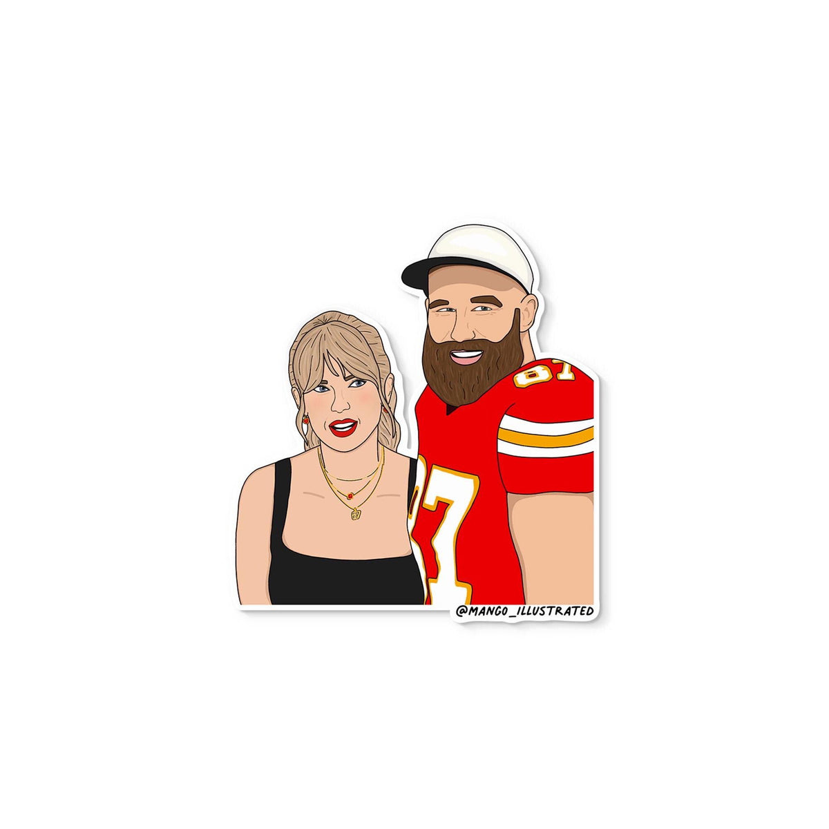 Tayvis sticker flat lay — pop culture portrait laptop and water bottle sticker by indie artist MangoIllustrated