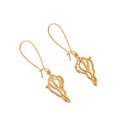 the beach and back single drop gold conch shell earrings on loop earwire shown on white background