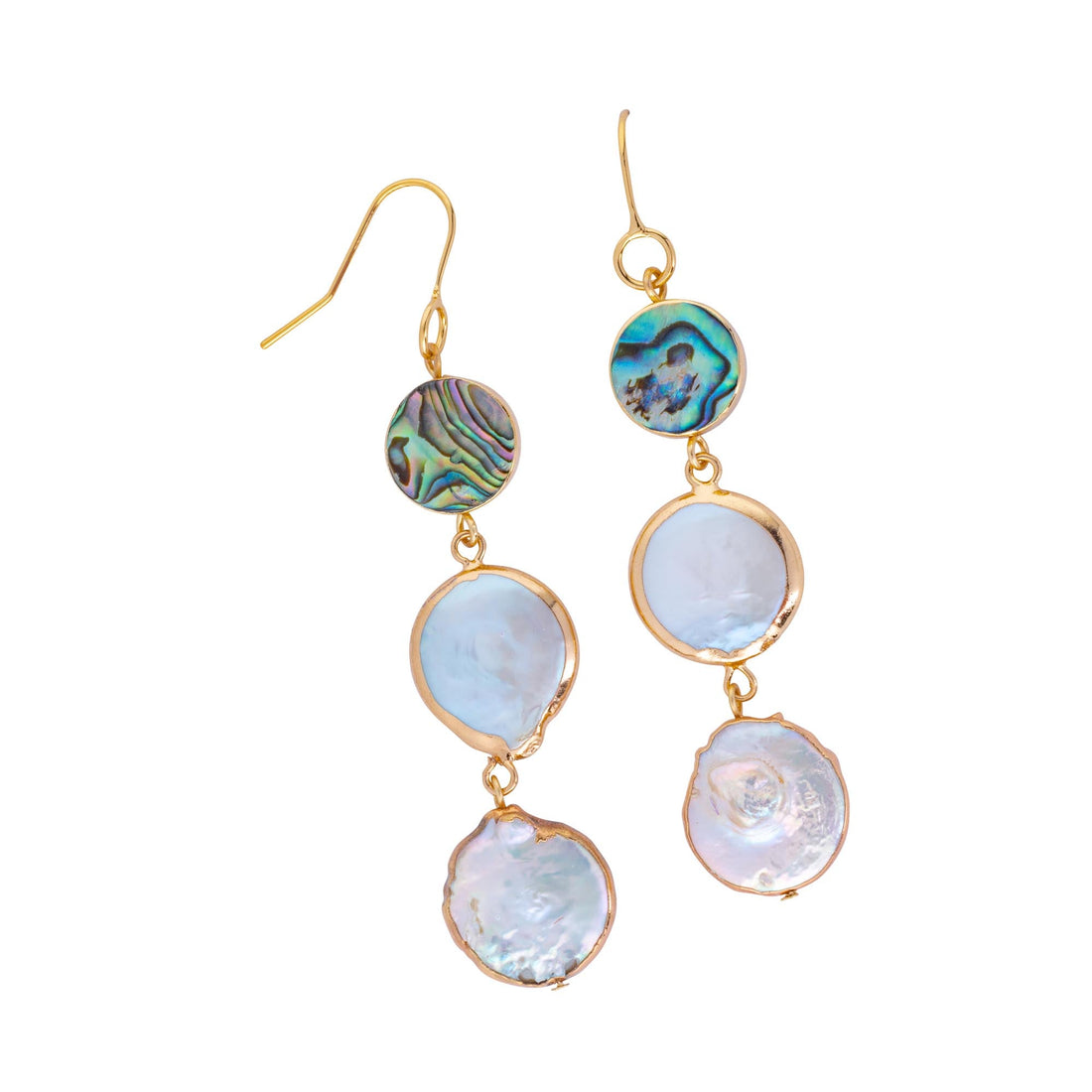 ocean springs triple abalone and coin pearl linear earrings