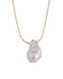 A close-up photo of a single strand gold chain necklace with one single keshi or petal pearl, irregularly-shaped Keshi pearl. The pearl strung on a thin, delicate chain and fastened with a small clasp. The necklace is laid out against a white background.