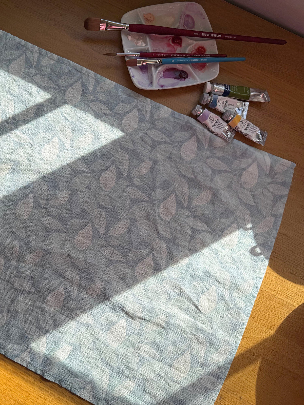 layered hydrangea leaves linen tea towel