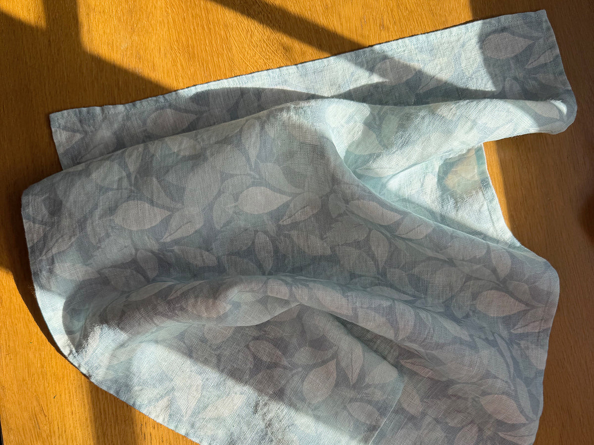 layered hydrangea leaves linen tea towel