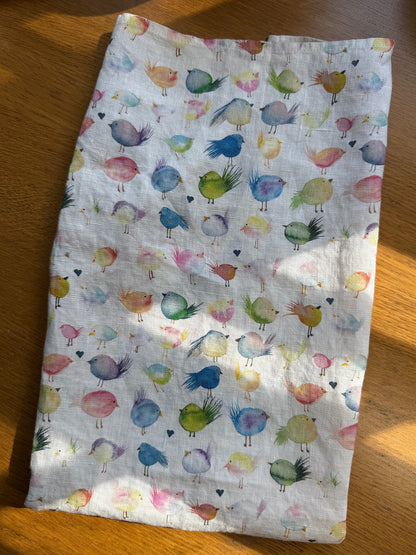 floofy birds linen tea towel