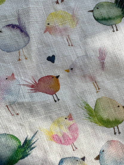 floofy birds linen tea towel