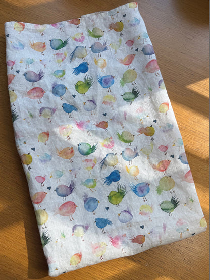 floofy birds linen tea towel