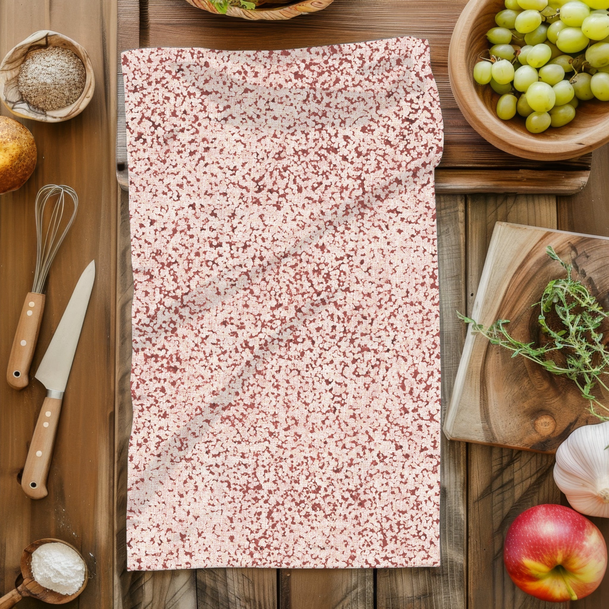 Terracotta red terrazzo print tea towel laid flat on dark wood kitchen prep surface surrounded by cooking props including whisk, knife, grapes, apple, garlic and herbs