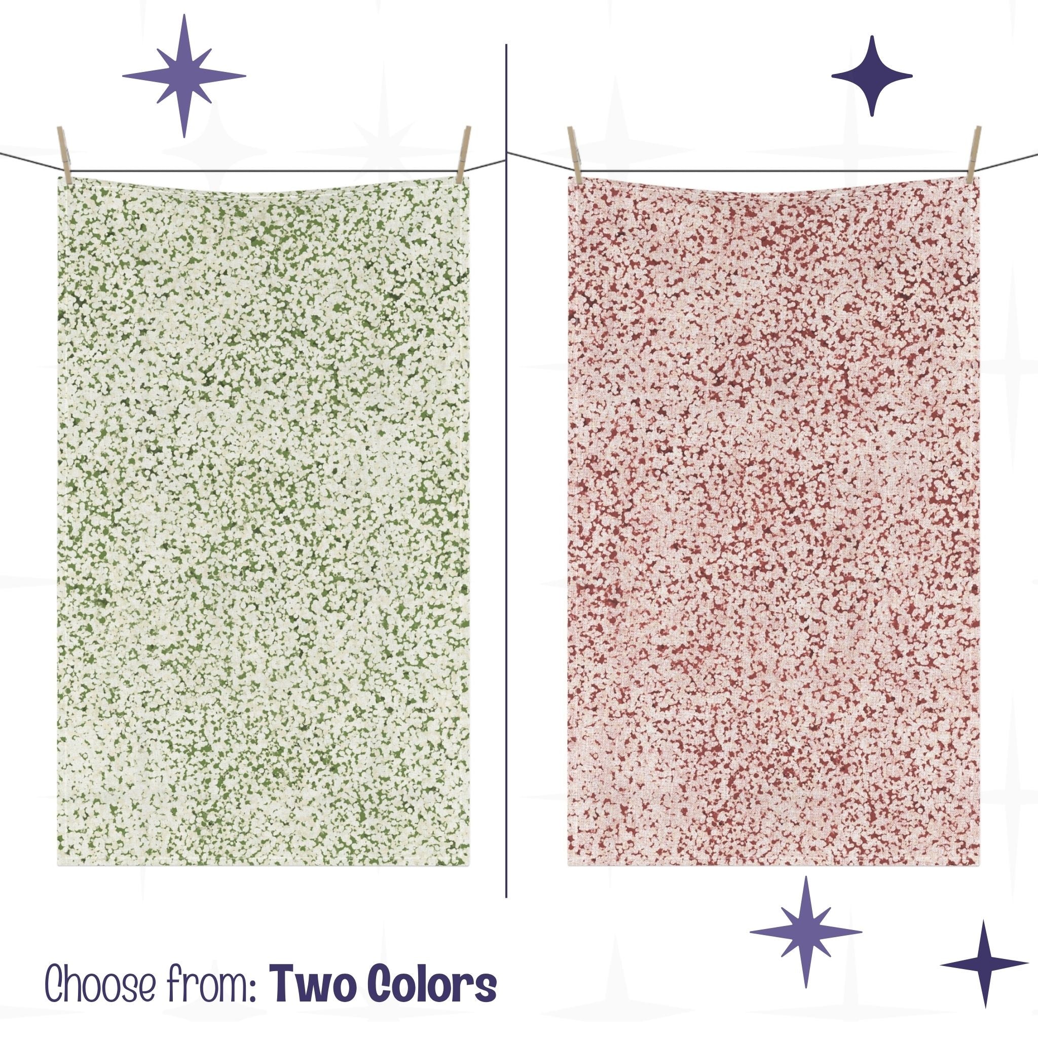 Two terrazzo print tea towels hanging on closeline  showing terracotta red and sage green colorways side by side with mid century modern starburst graphic elements