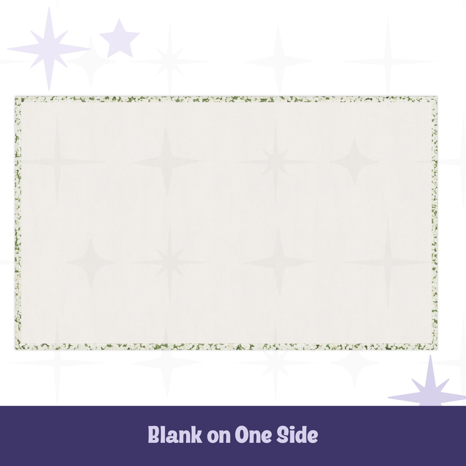 Reverse side of sage green terrazzo tea towel showing clean cream cotton twill with narrow printed border edge and faint starburst background pattern