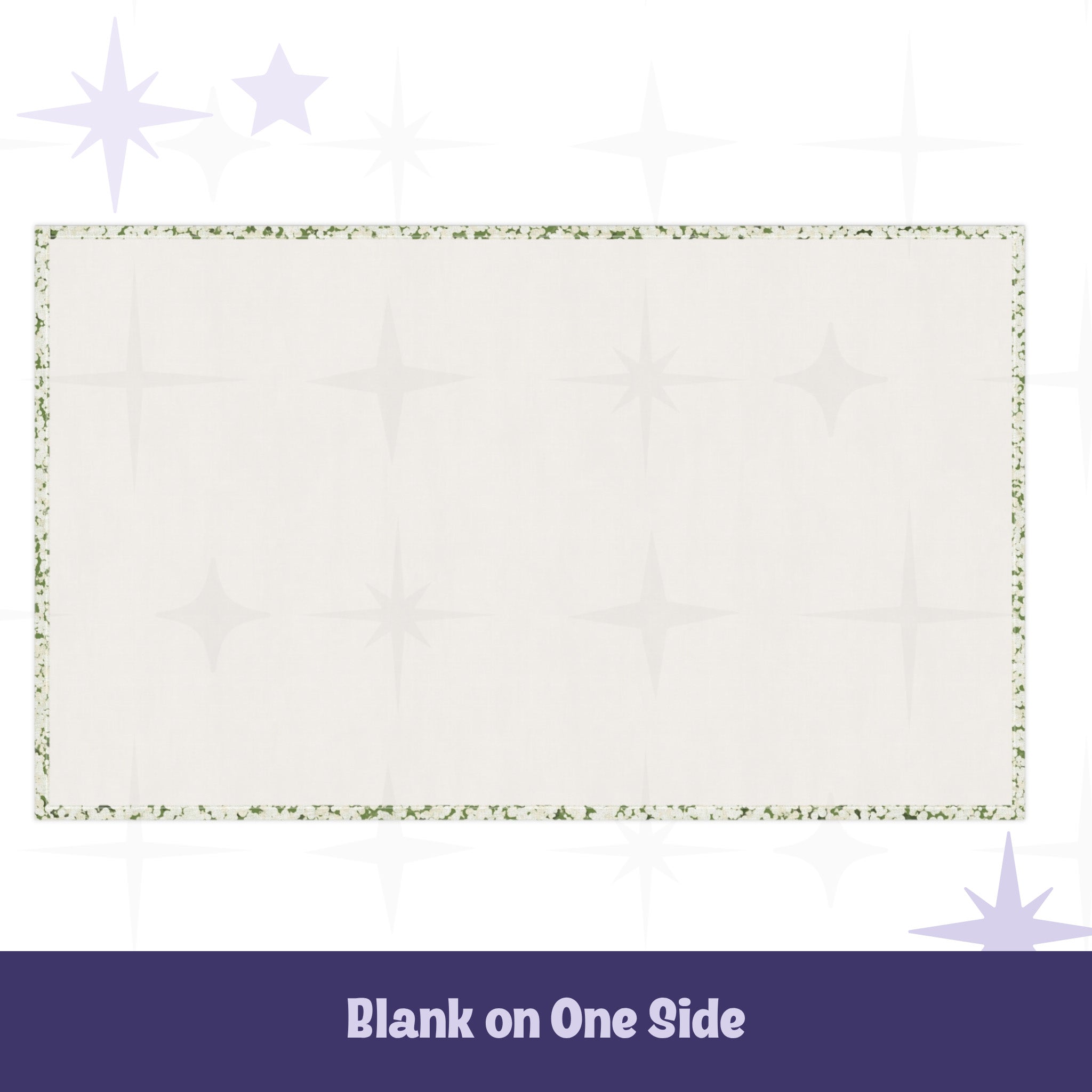 Reverse side of sage green terrazzo tea towel showing clean cream cotton twill with narrow printed border edge and faint starburst background pattern