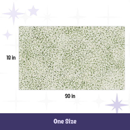 Sage green terrazzo pattern tea towel laid flat showing full 18 by 30 inch dimensions with measurement callouts on white background