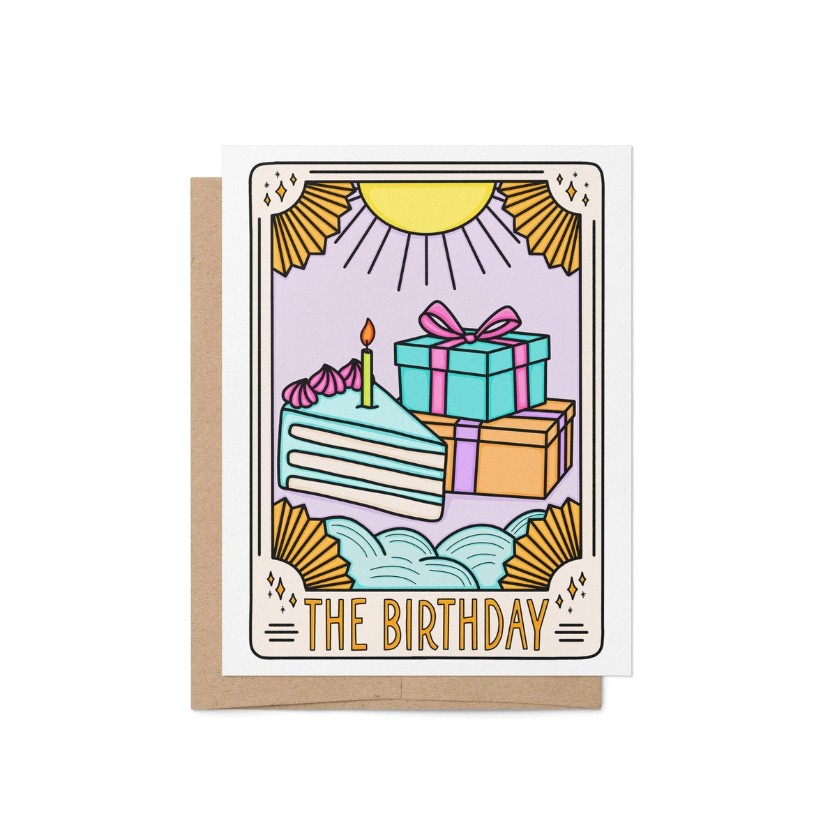 The Birthday Tarot Card Birthday Card — tarot style birthday card with cake, presents and celestial sun rays on pastel, 4.25 x 5.5 in folded A2, by MangoIllustrated