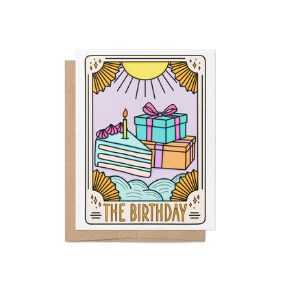 The Birthday Tarot Card Birthday Card — tarot style birthday card with cake, presents and celestial sun rays on pastel, 4.25 x 5.5 in folded A2, by MangoIllustrated