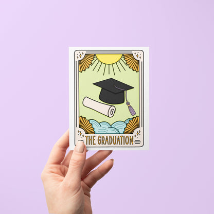 The Graduation Tarot Card Congratulations Card detail — close up of the hand lettered tarot lettering and sunbeam artwork by indie artist MangoIllustrated