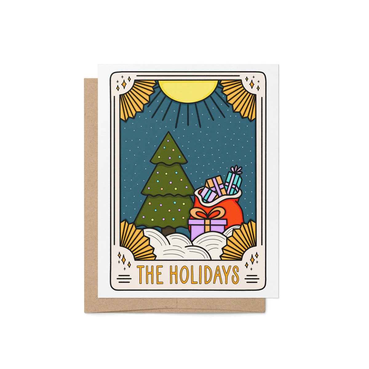 The Holiday Tarot Card Christmas card — tarot style illustration of a snow dusted evergreen, a sack of presents and a radiant sun, 4.25 x 5.5 in A2, by MangoIllustrated