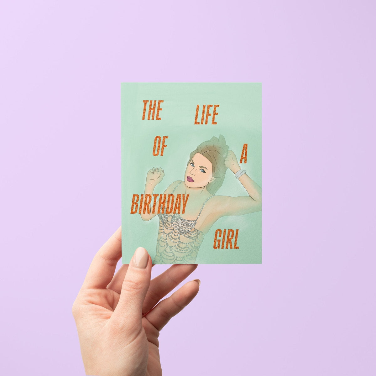 The Life of a Birthday Girl card detail — close up of the illustrated showgirl birthday card by indie artist MangoIllustrated