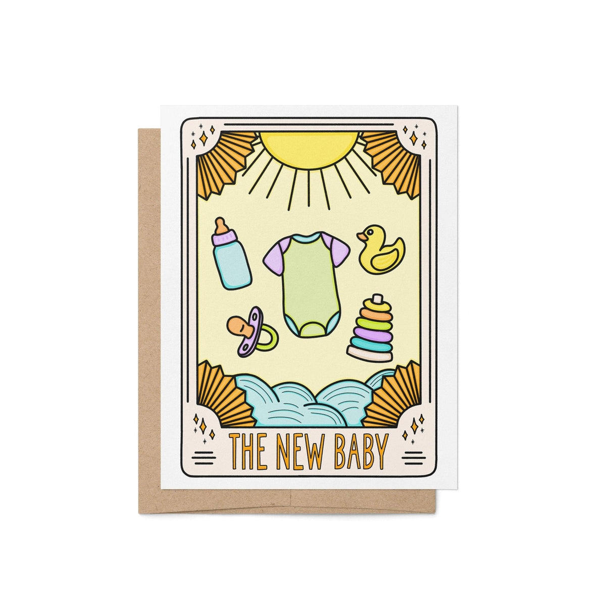 The New Baby Tarot Card Congratulations Card — tarot-style illustration of pastel baby essentials under a radiant sun, 4.25 x 5.5 inch folded card, by MangoIllustrated