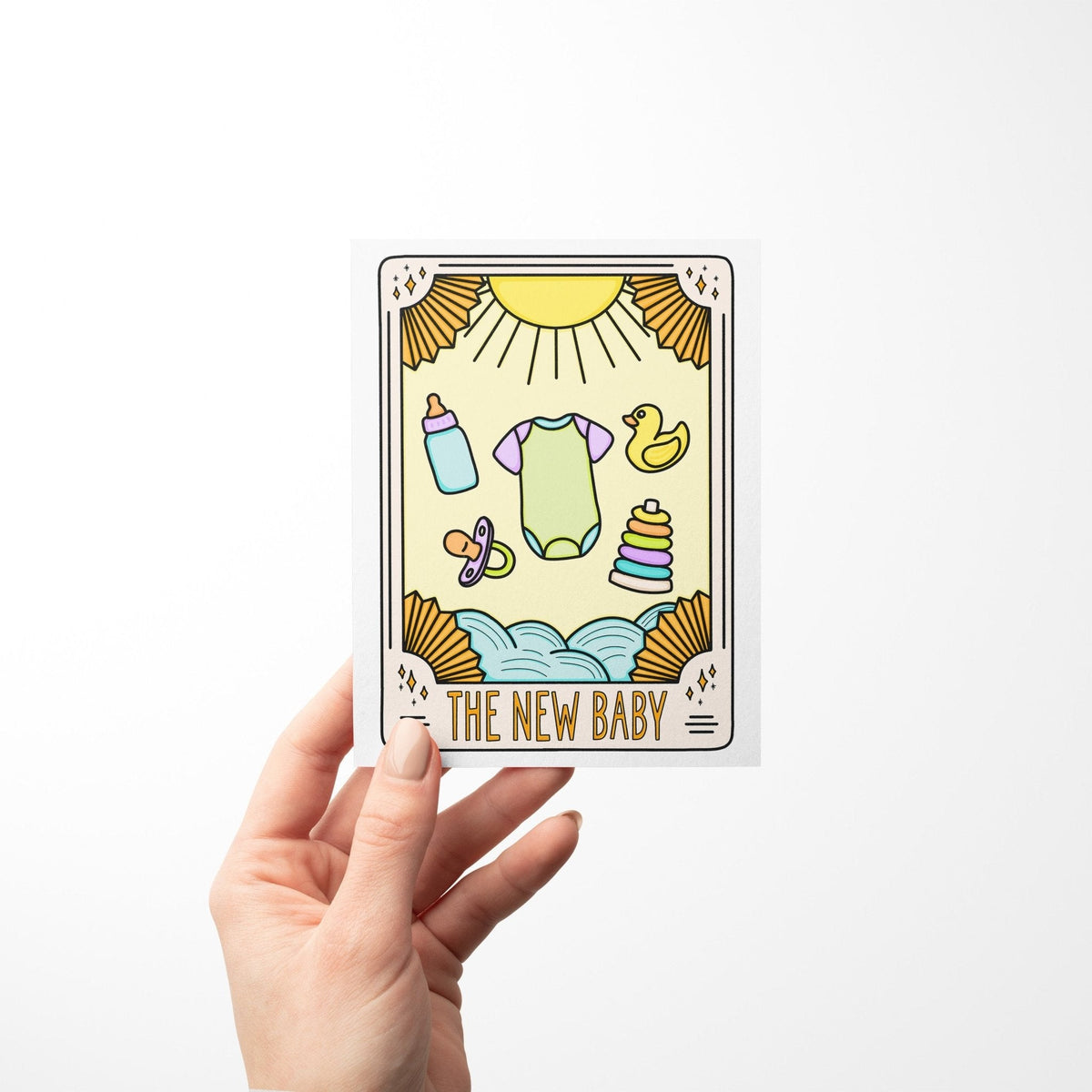 The New Baby Tarot Card Congratulations Card with A2 kraft envelope — new baby congratulations card by indie artist MangoIllustrated