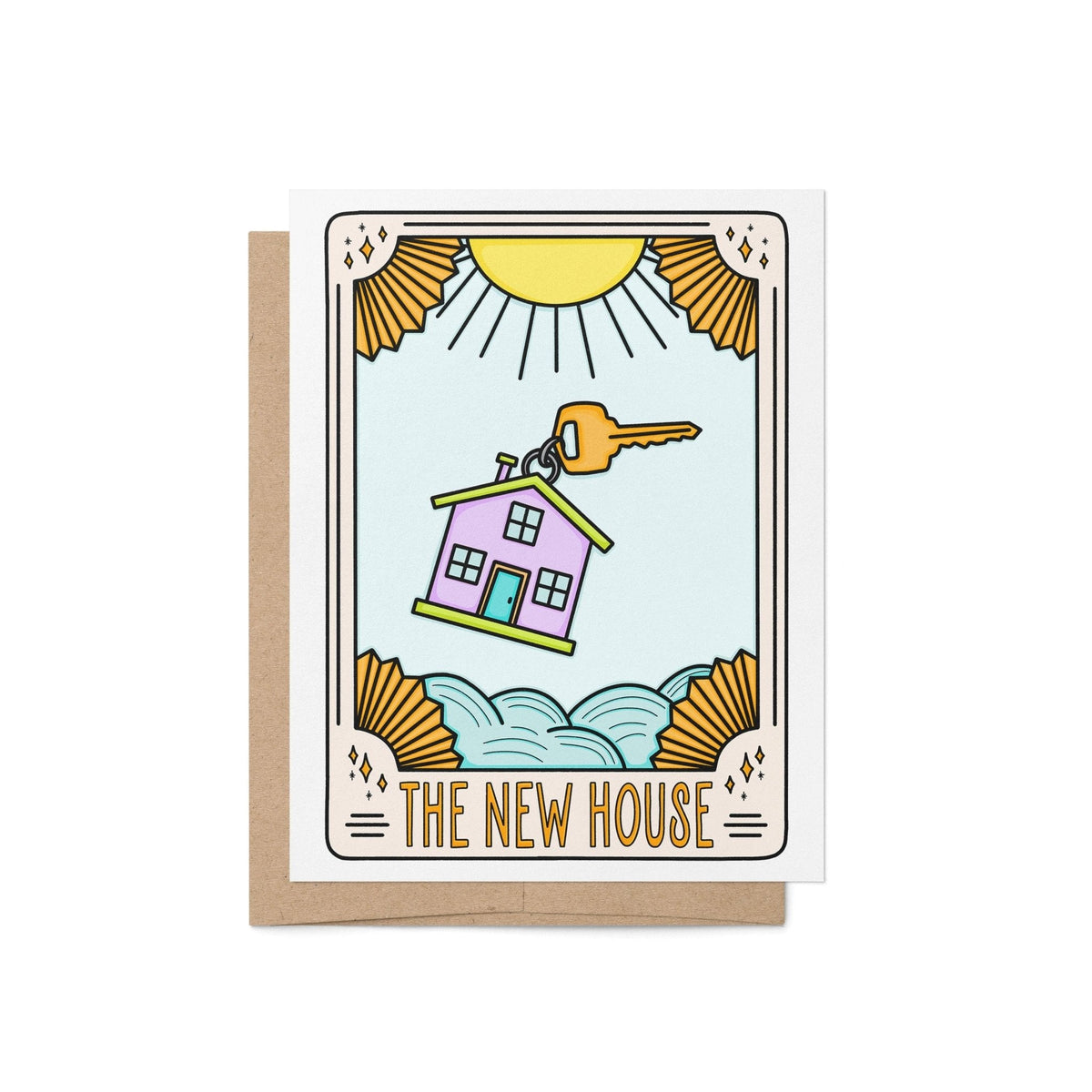 The New House Tarot Card Congratulations Card — tarot-style illustration of a pastel house and golden key under a sunny sky, 4.25 x 5.5 inch folded card, by MangoIllustrated