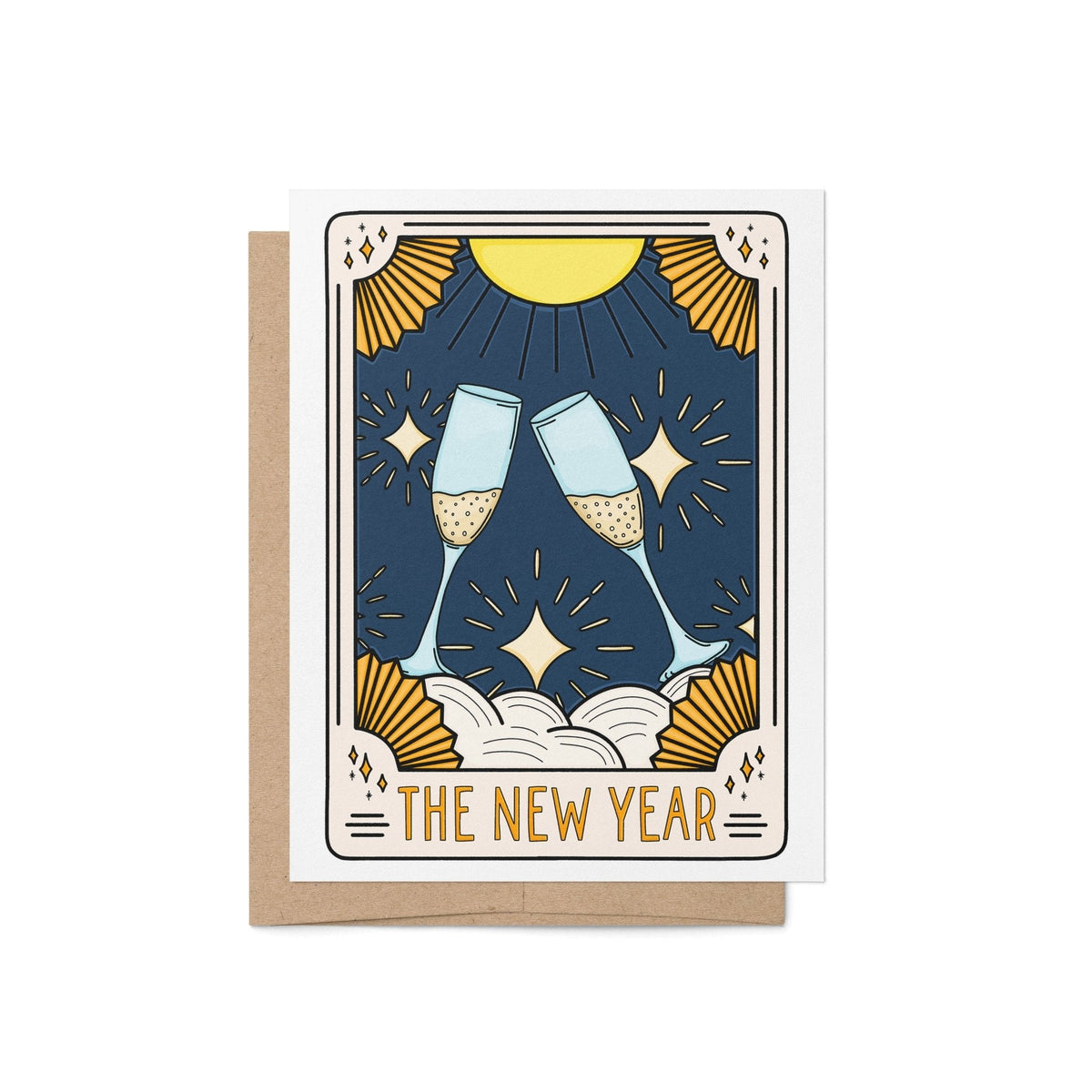 The New Year Tarot Card greeting card — tarot-style illustration of clinking champagne flutes with golden rays on a starry background, 4.25 x 5.5 inch folded card, by MangoIllustrated