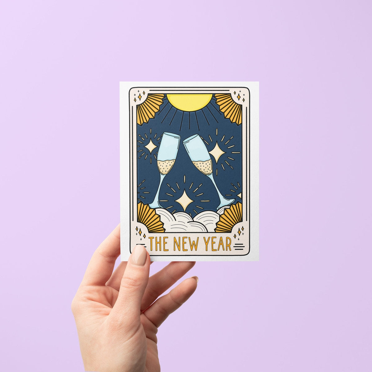 The New Year Tarot Card greeting card with A2 kraft envelope — champagne toast celebration card by indie artist MangoIllustrated