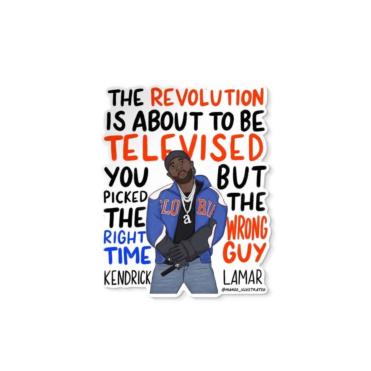 The revolution is about to be televised sticker flat lay — hip hop halftime show laptop sticker by indie artist MangoIllustrated
