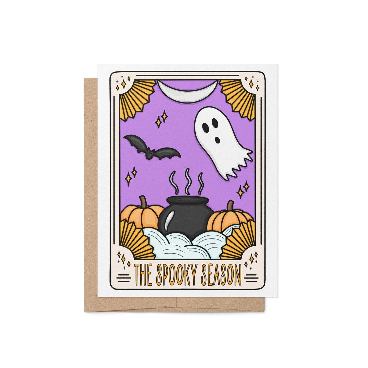 The Spooky Season Tarot Card halloween card — tarot-style ghost, cauldron, bat and pumpkins on purple with a gold art deco border, 4.25 x 5.5 inch folded card, by MangoIllustrated