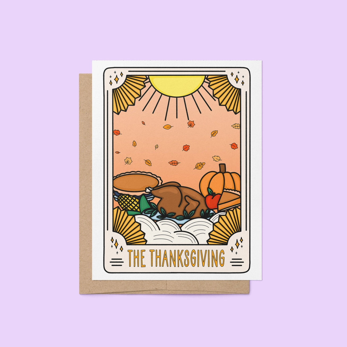 The Thanksgiving Tarot card flat lay — hand drawn tarot card design for Friendsgiving by indie artist MangoIllustrated