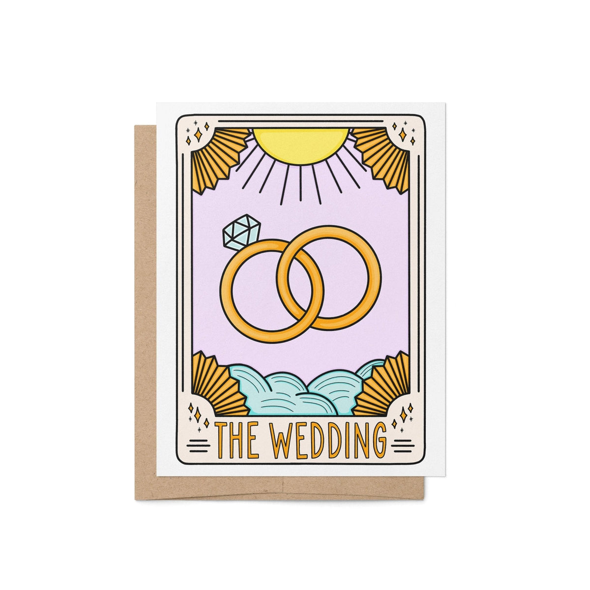 The Wedding Tarot Card Congratulations Card — tarot style wedding card with interlocked gold rings and celestial sun rays, 4.25 x 5.5 in folded A2, by MangoIllustrated