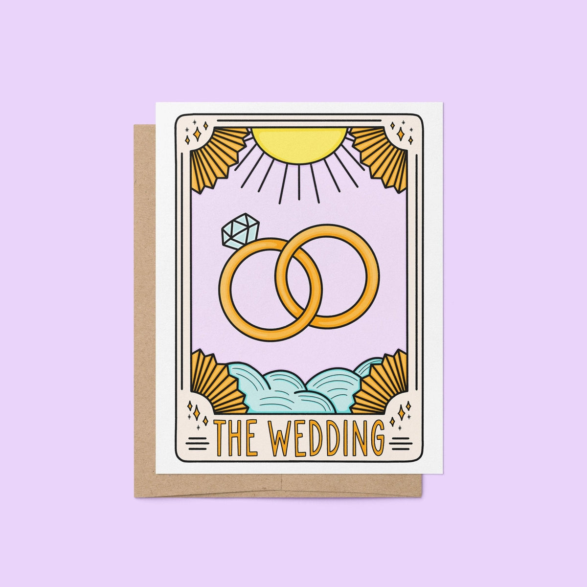 The Wedding Tarot Card Congratulations Card flat lay — mystical tarot inspired wedding congratulations card by indie artist MangoIllustrated