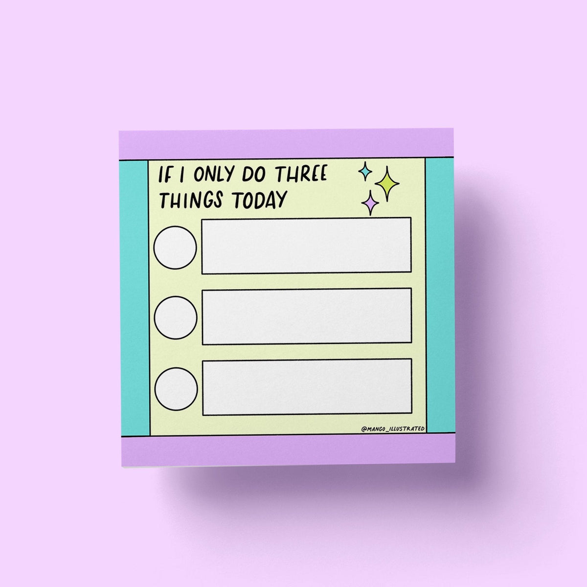 Three Things Sticky Notes flat lay — ADHD friendly daily priority sticky note pad by indie artist MangoIllustrated