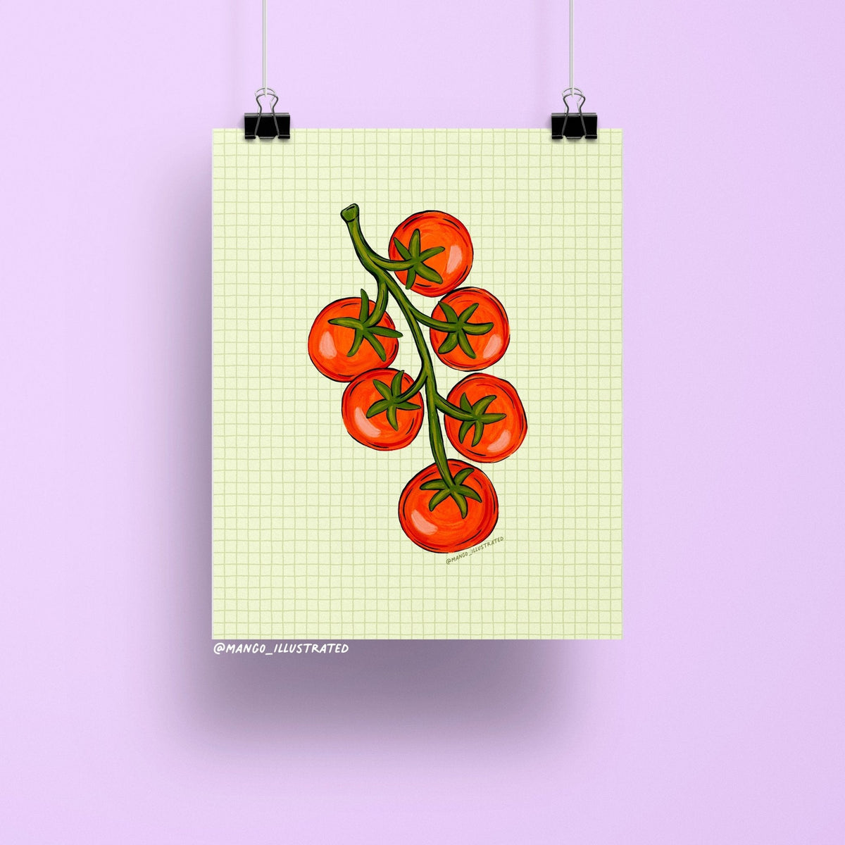 Tomato Summer art print — illustrated vine of red tomatoes on a soft grid background, 8 x 10 in, by MangoIllustrated