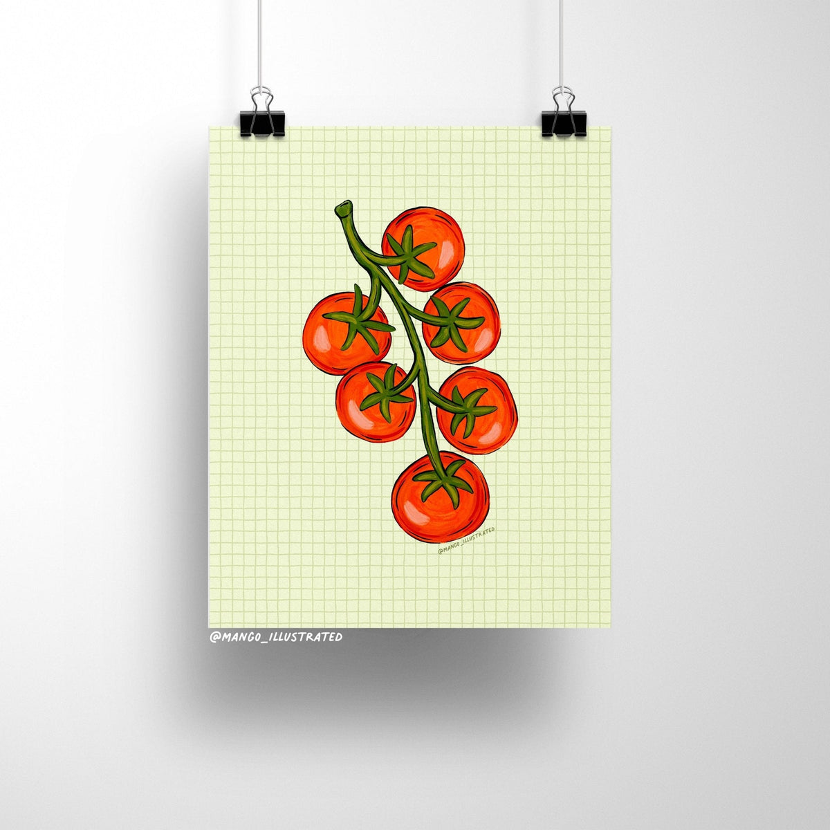 Tomato Summer art print detail — close up of the hand drawn tomato vine illustration, by indie artist MangoIllustrated