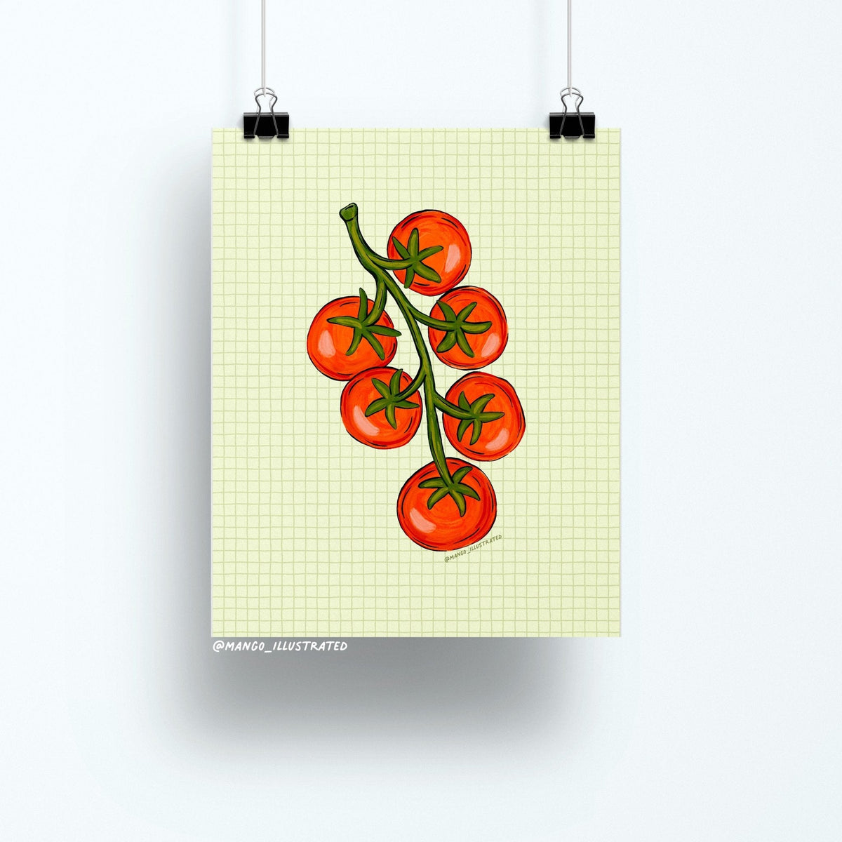 Tomato Summer art print flat lay — tomato girl summer kitchen wall art on matte art paper, by indie artist MangoIllustrated