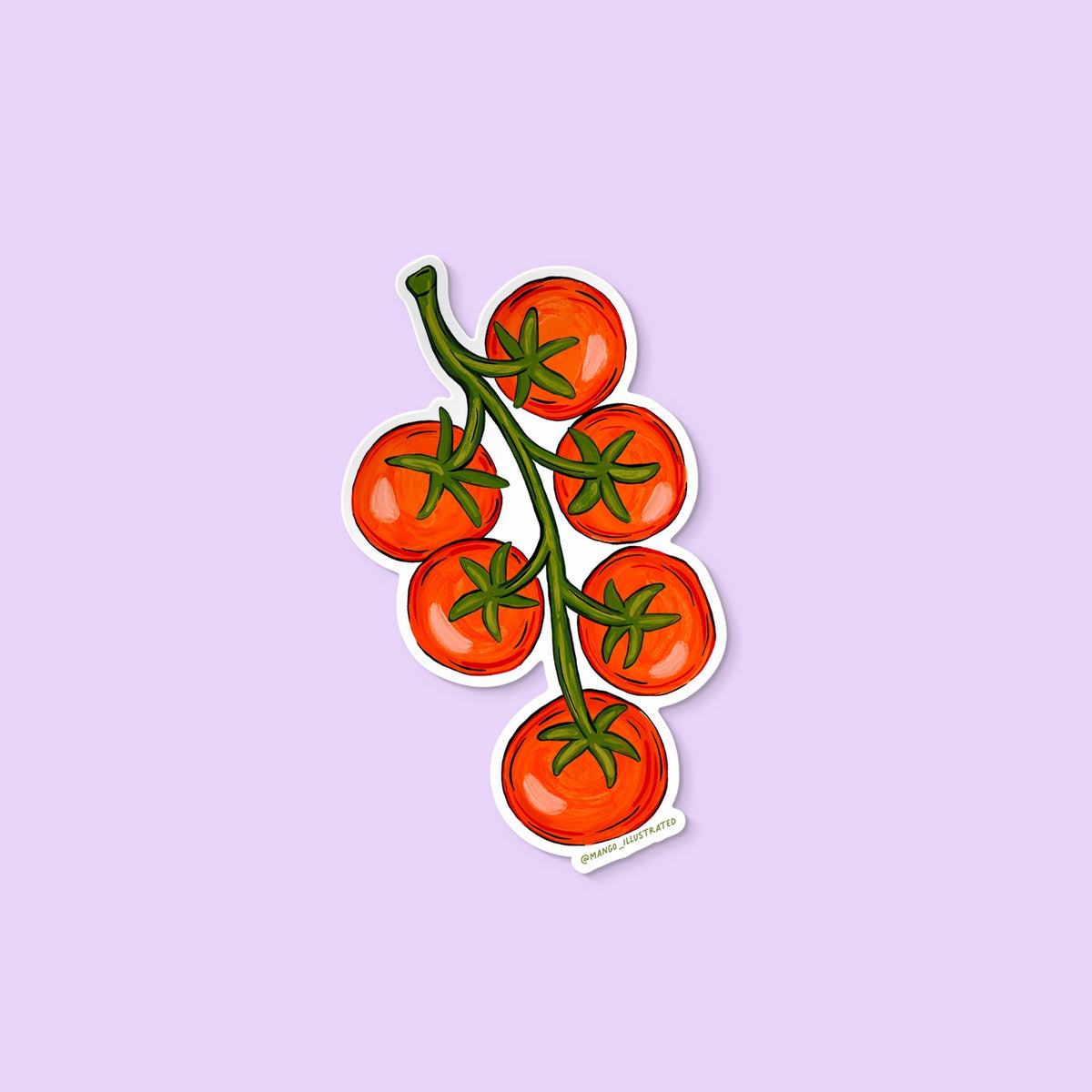 Tomatoes sticker — hand-drawn cluster of ripe red tomatoes on the vine, approximately 3 in x 3 in, by MangoIllustrated
