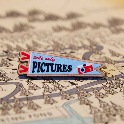 Take Only Pictures wooden pin (blue version)