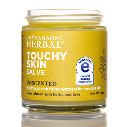 Touchy Skin Salve 4oz With National Eczema Association Logo On Label White Background
