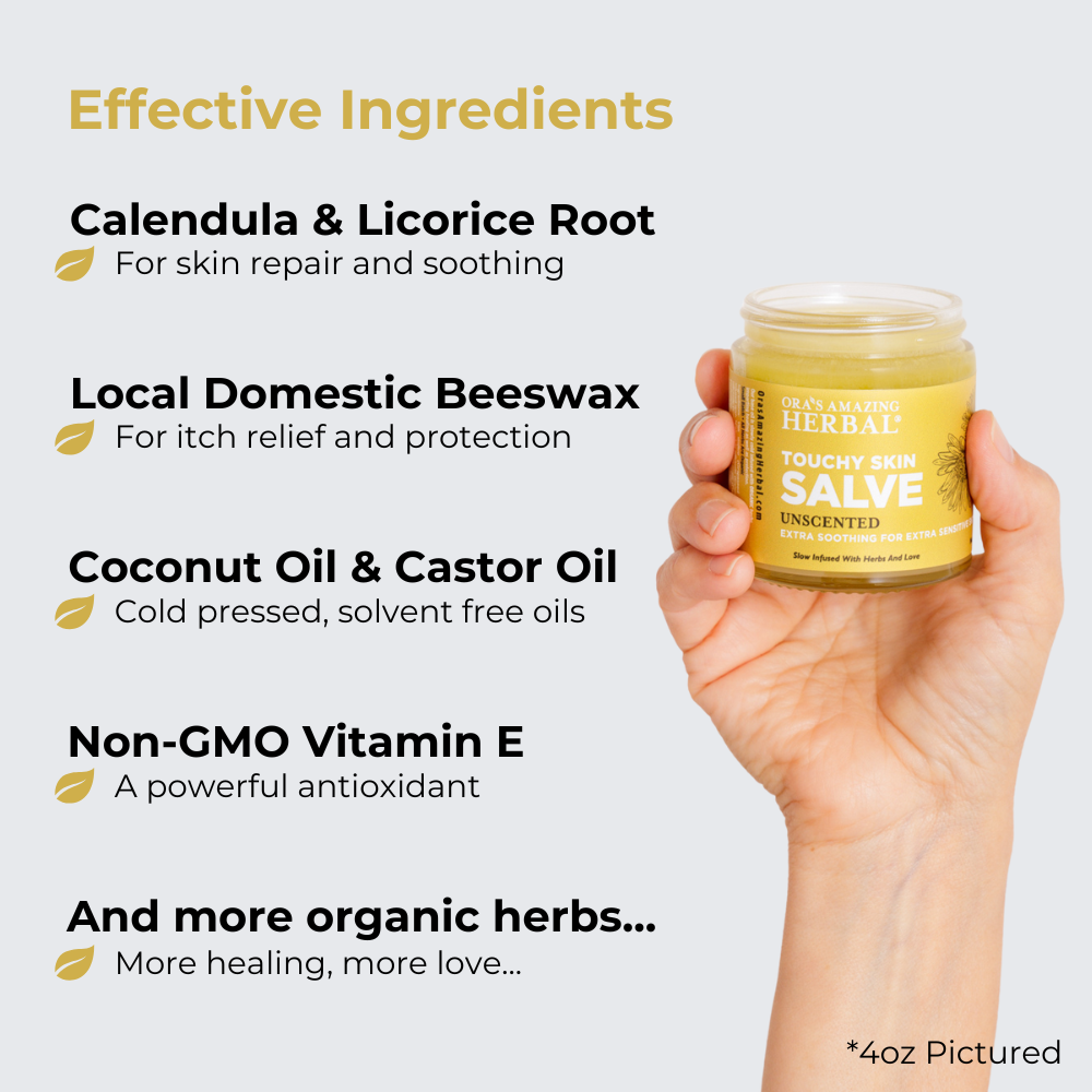 Touchy Skin Salve Eczema Cream 4oz Lifestyle Indoor Infographic Effective Ingredients