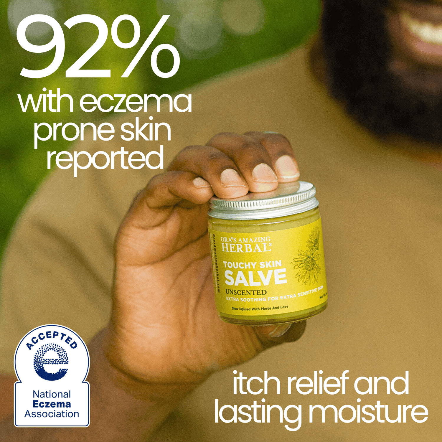 Touchy Skin Salve Lifestyle Outdoor Jason  92 % with Eczema Prone Skin Reported Itch Relief and Lasting Moisture Infographic with NEA Logo