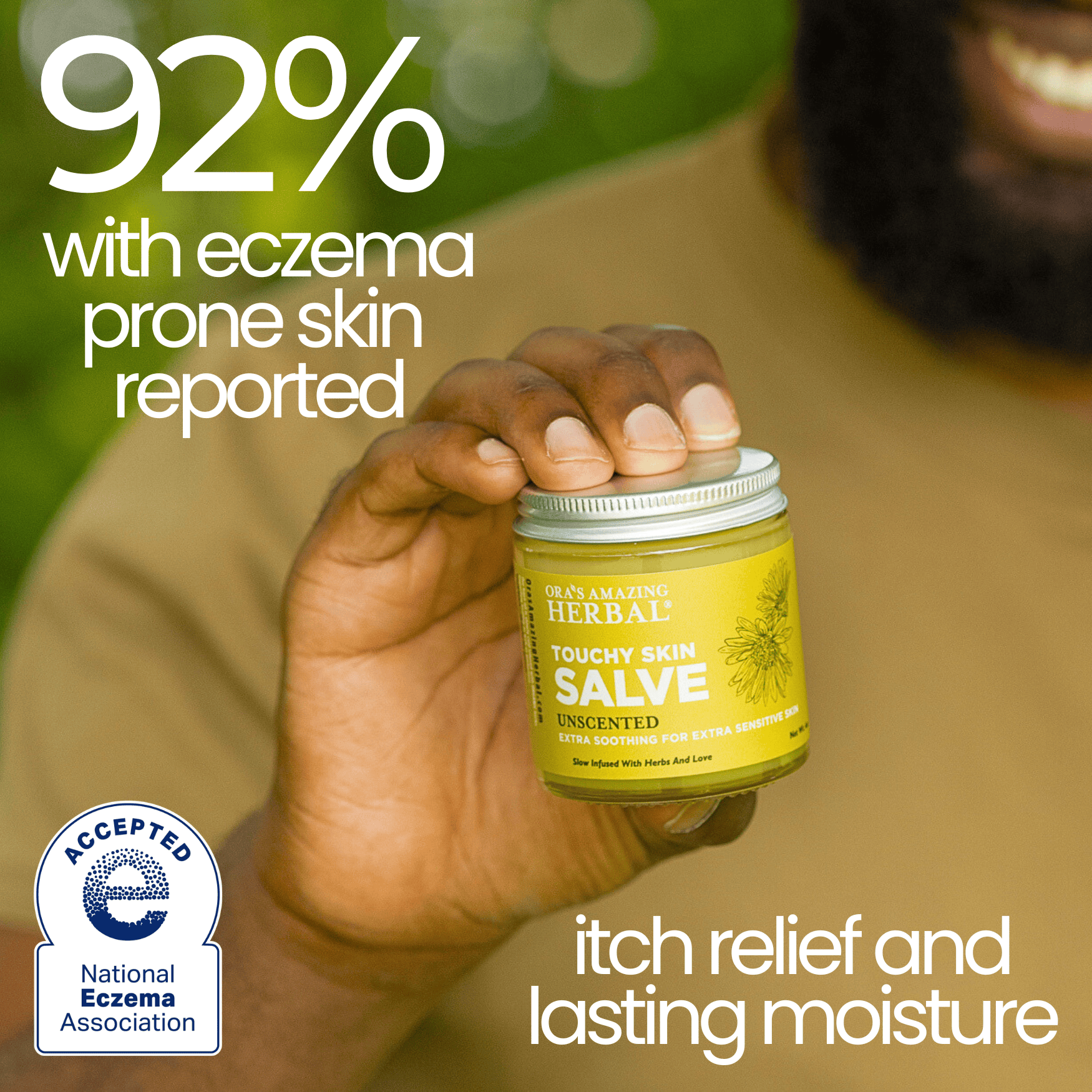 Touchy Skin Salve Lifestyle Outdoor Jason  92 % with Eczema Prone Skin Reported Itch Relief and Lasting Moisture Infographic with NEA Logo