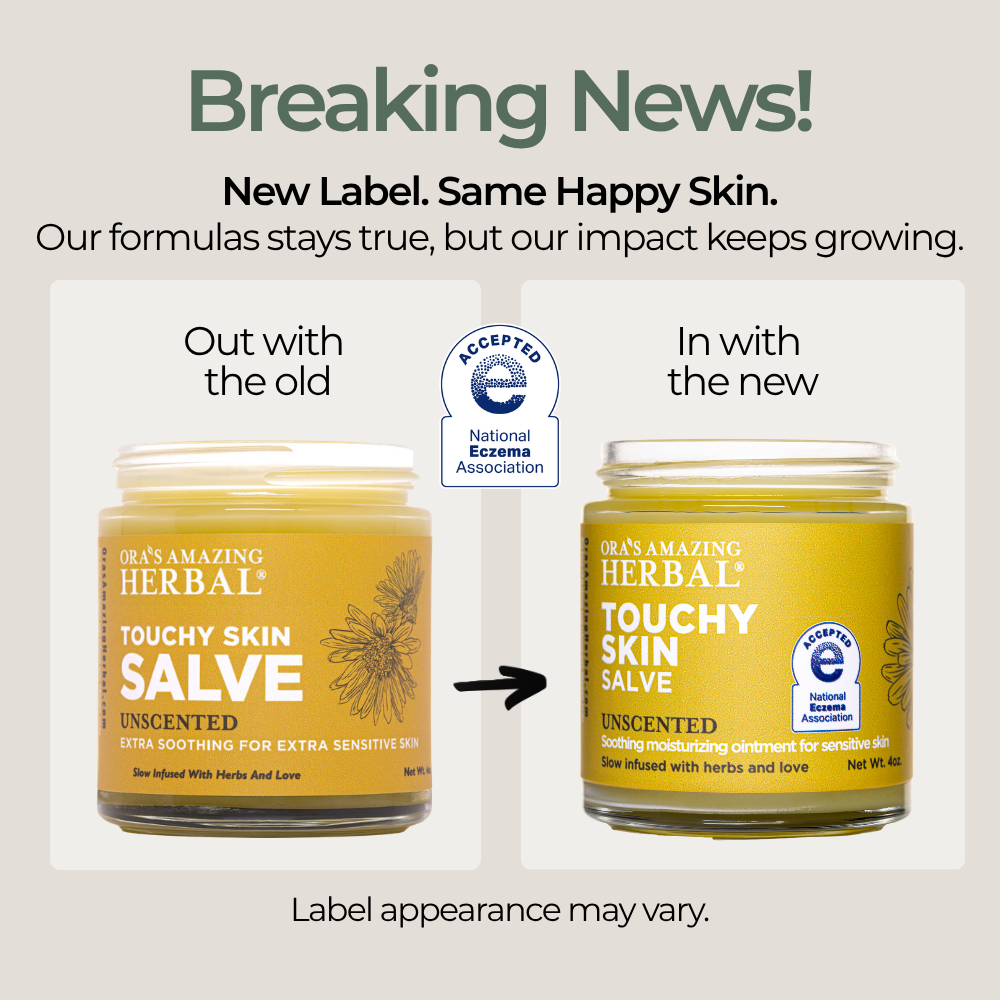 Two jars of Touchy Skin Salve with a comparison of the old and new labels.