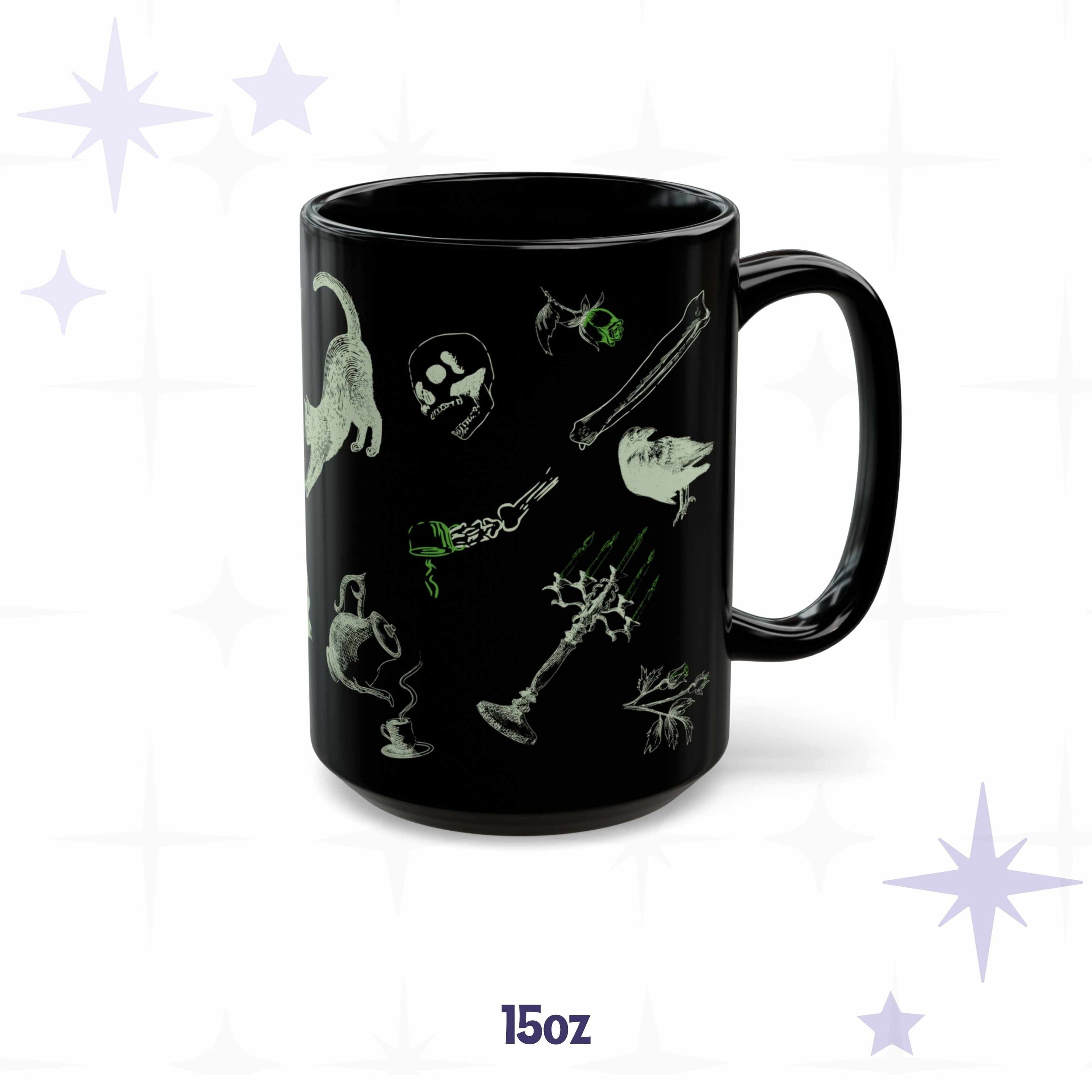 15 oz toxic green goth mug showing a stretching black cat, a crow, a skeletal hand with a teacup, and a lit candelabra