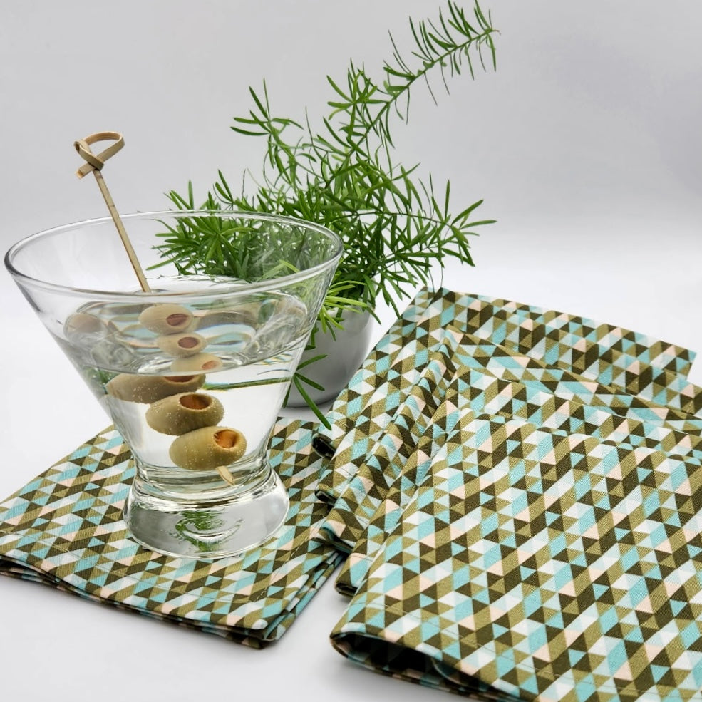 Cocktail Napkins - 100% Cotton - Set of 6 - Earthy Turquoise Triangles