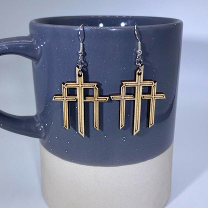 Triple Cross Wooden Dangle Hanging Earrings - - Cate&