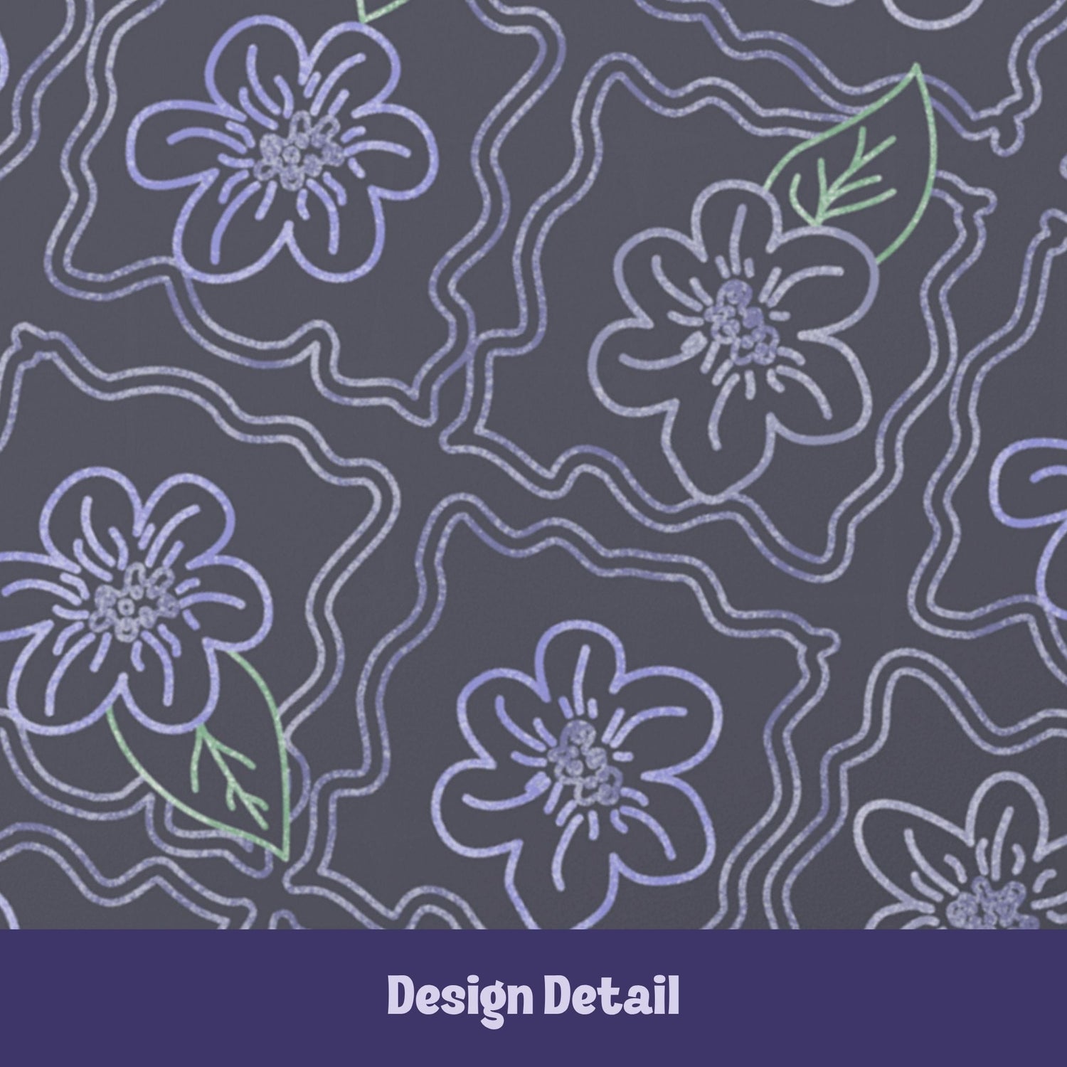 Design detail of dark floral journal pattern showing hand-drawn periwinkle five-petal flowers with sage green leaves and wavy quatrefoil outlines on charcoal background